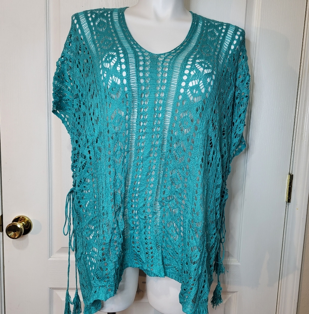 My Boutique Teal Crochet Swim Cover Up Top - Picture 2 of 11